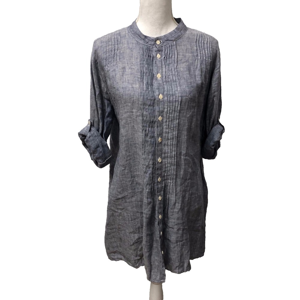 CP Shades Linen Shift Dress Womens Medium Blue Roll Tab Sleeve Boho Lagenlook